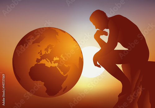 penseur - terre - réflexion - écologie - globe - planète - coucher de soleil