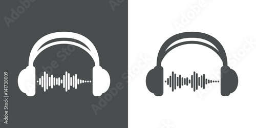 Icono plano auriculares con ondas sonido gris y blanco
