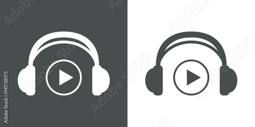 Icono plano auriculares con simbolo play gris y blanco