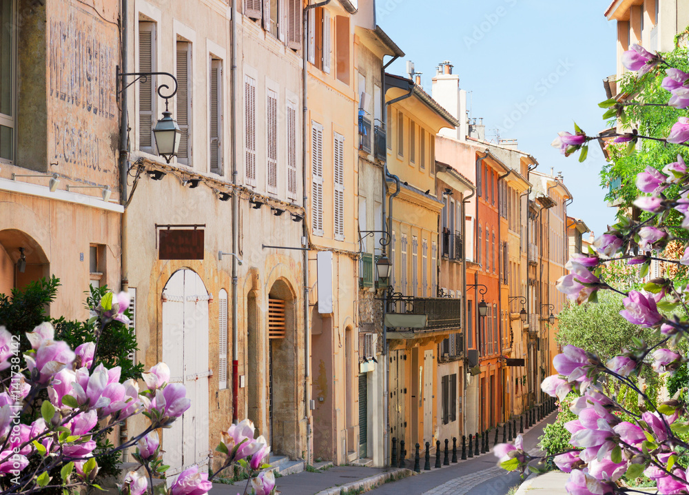 old town street of Aix en Provence at spring, France - obrazy, fototapety, plakaty 