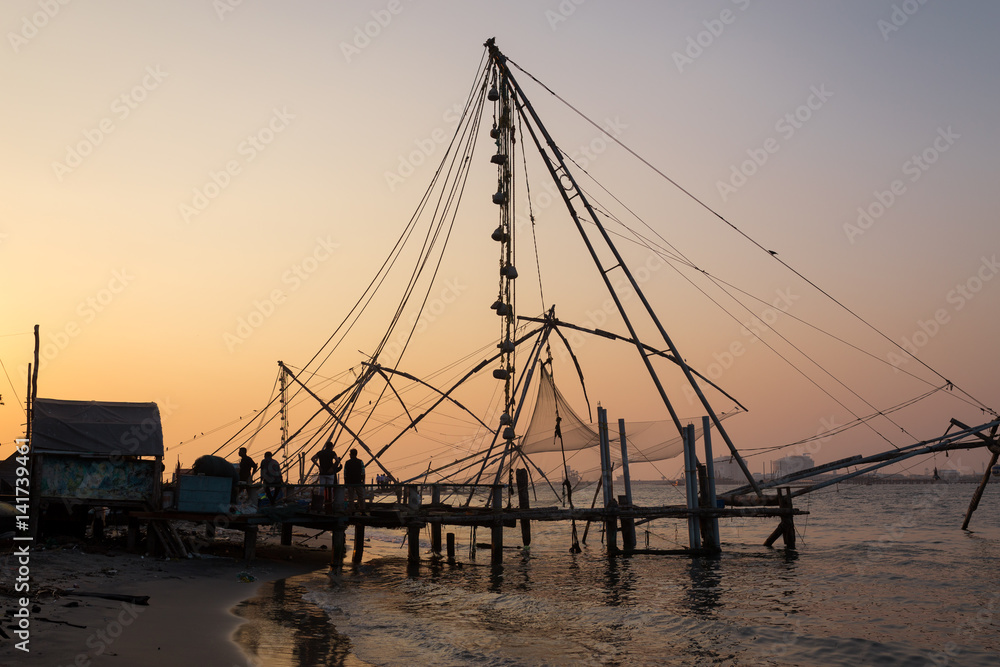 Chinese Fishing nets at sunset in Cochin, India