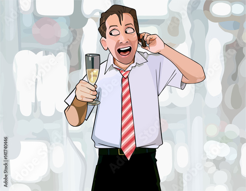 cartoon man with a glass in hand happily talking on the phone