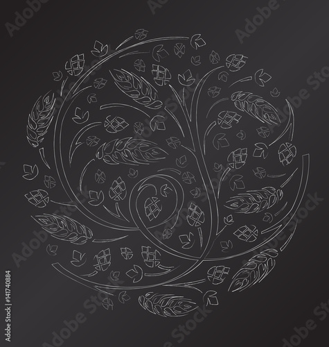 Vector chalk floral ornament with hops and malt