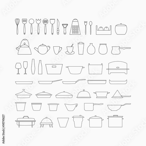 Kitchen dishes and utensils outline icons.