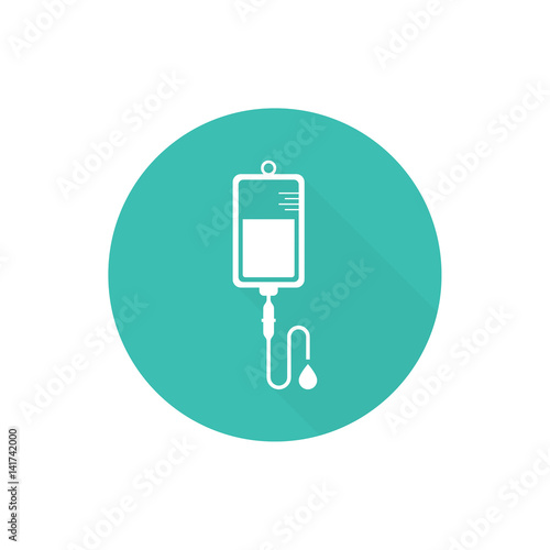 Vector iv bag icon. Saline symbol on background.  The concept of treatment and therapy, chemotherapy. Modern  design flat design with long shadow, web button