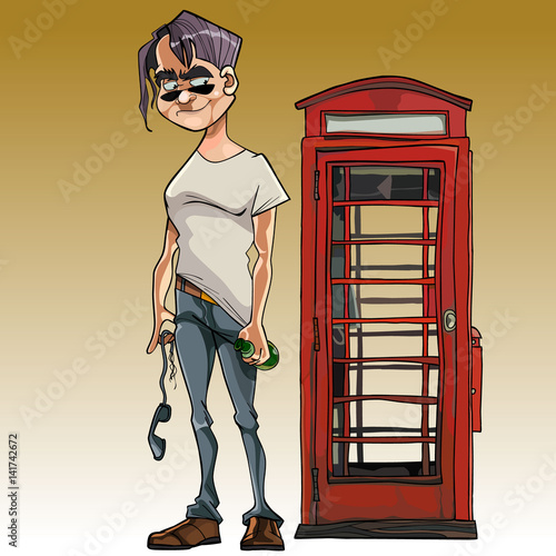 cartoon male brawler with a bottle next to the phone booth