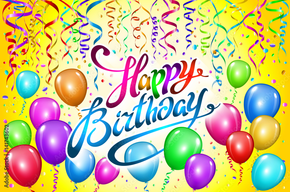 Happy Birthday typography vector design for greeting cards and poster with colorful balloon, yellow background Happy Birthday typography vector design for greeting cards and poster with colorful balloon, yellow background