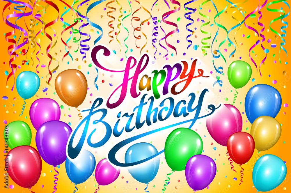 Happy Birthday typography vector design for greeting cards and poster with colorful balloon, orange background Happy Birthday typography vector design for greeting cards and poster with colorful balloon, orange background