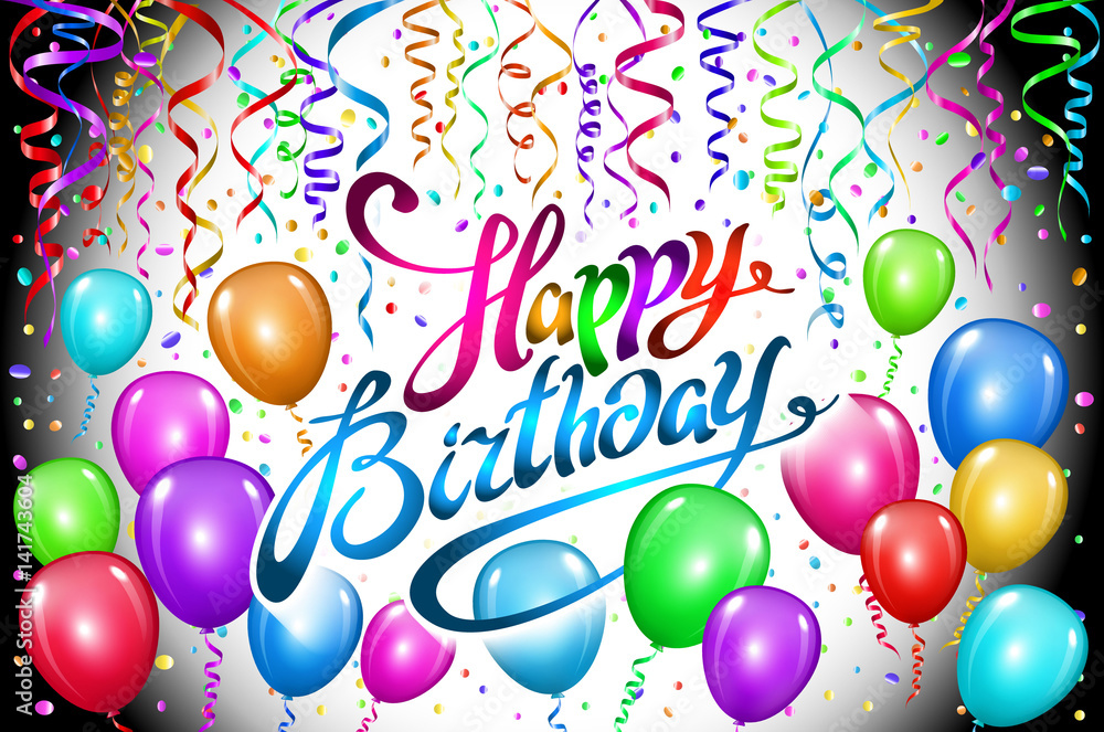 Happy Birthday typography vector design for greeting cards and poster with colorful balloon, black background Happy Birthday typography vector design for greeting cards and poster with colorful balloon, black background