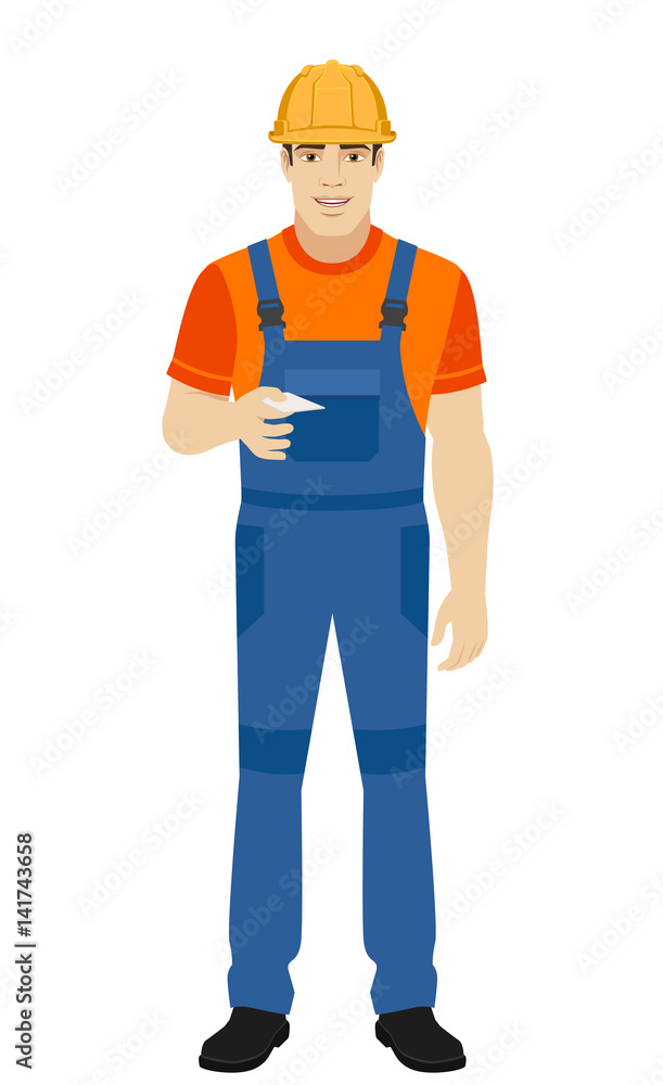 Builder gives a business card Builder gives a business card