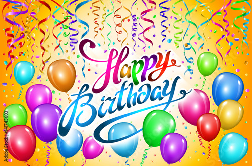Happy Birthday typography vector design for greeting cards and poster with colorful balloon, orange background