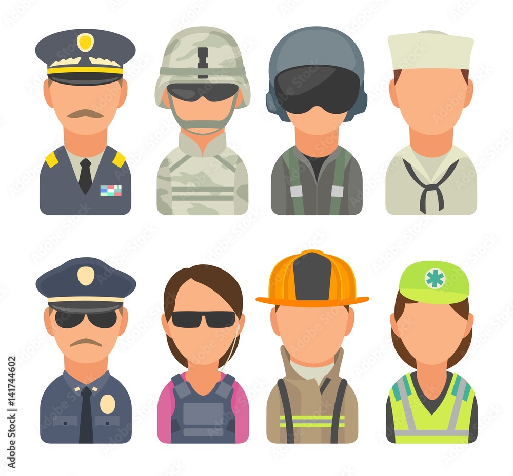 Icon people - soldier, officer, pilot, marine, sailor, police, bodyguard, fireman, paramedic.
