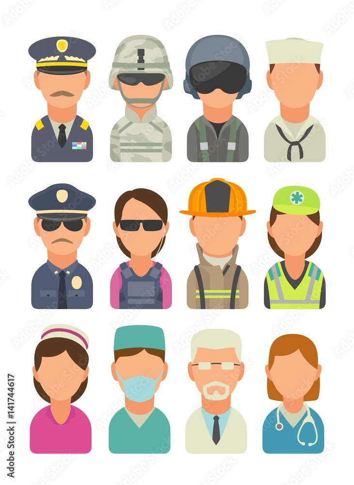 Naklejka premium Icon people - soldier, officer, pilot, marine, sailor, police, bodyguard, fireman, paramedic.