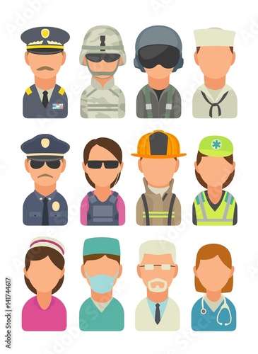 Icon people - soldier, officer, pilot, marine, sailor, police, bodyguard, fireman, paramedic.