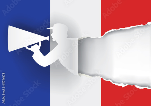 French language school promotion template. 
Man advertises or sells shouts in a megaphone with place for your text or image on French Flag torn paper background. Vector available.