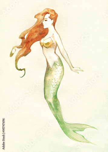 watercolor illustration of a beautiful red haired mermaid with floating hair and green tail