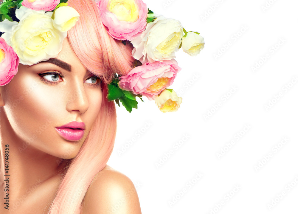 Blooming flowers wreath on woman's head. Flowers hairstyle Blooming flowers wreath on woman's head. Flowers hairstyle