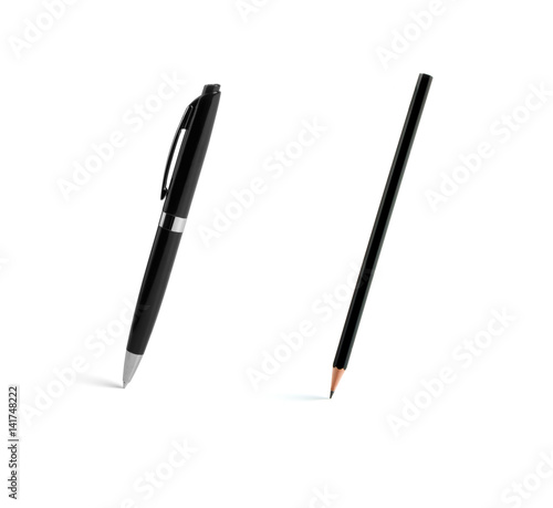 Set of black pens and pencil on white background.
