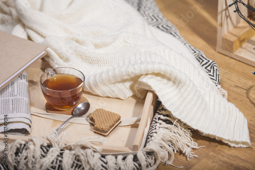 Still life details, cozy concept, cup of tea