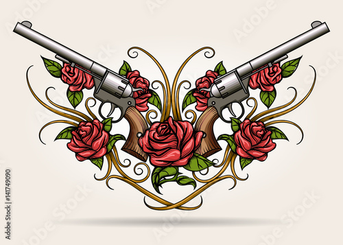 Two Guns and Rose flowers Drawn in  Tattoo Style