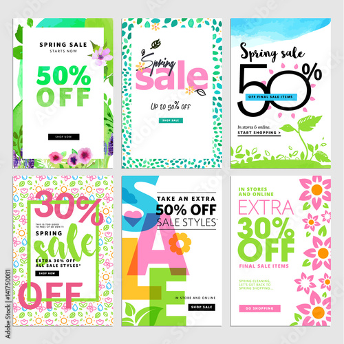Set of mobile sale banners. Spring sale banners. Vector illustrations of online shopping website and mobile website banners, posters, newsletter designs, ads, coupons, social media banners.