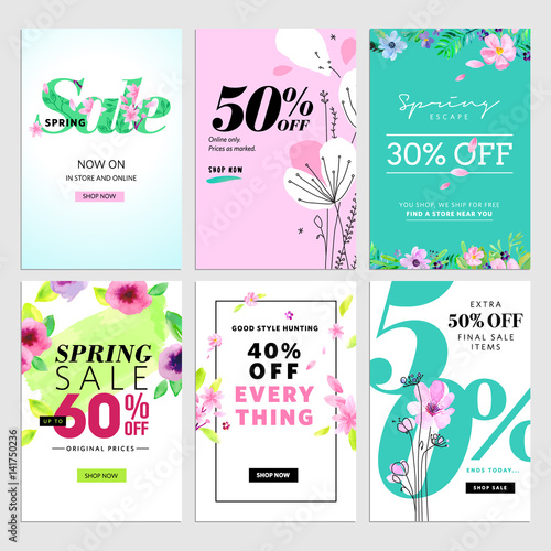 Spring sale banners. Vector illustrations of online shopping website and mobile website banners, posters, newsletter designs, ads, coupons, social media banners.