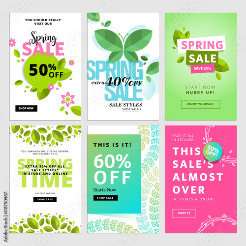 Mobile sale banner templates. Spring sale banners. Vector illustrations of online shopping website and mobile website banners, posters, newsletter designs, ads, coupons, social media banners.