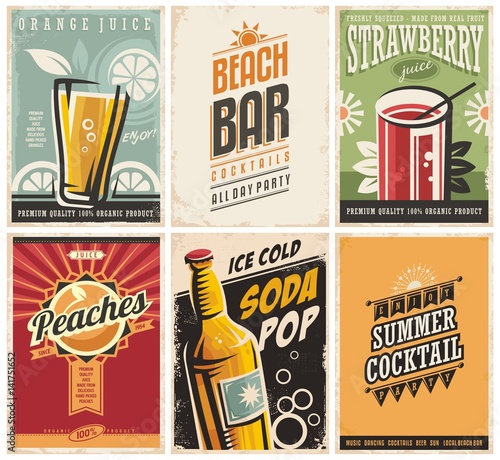 Collection of retro posters with organic juices and popular drinks