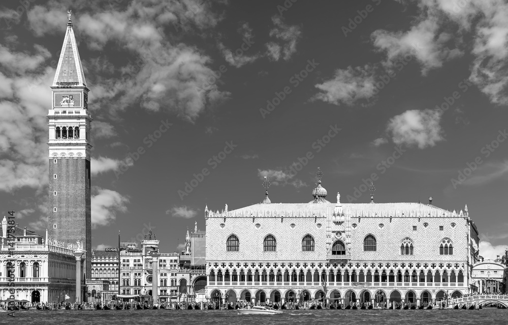 Piazza San Marco square and the Doge's Palace against a beautiful sky, Venice, Italy, in black and white
