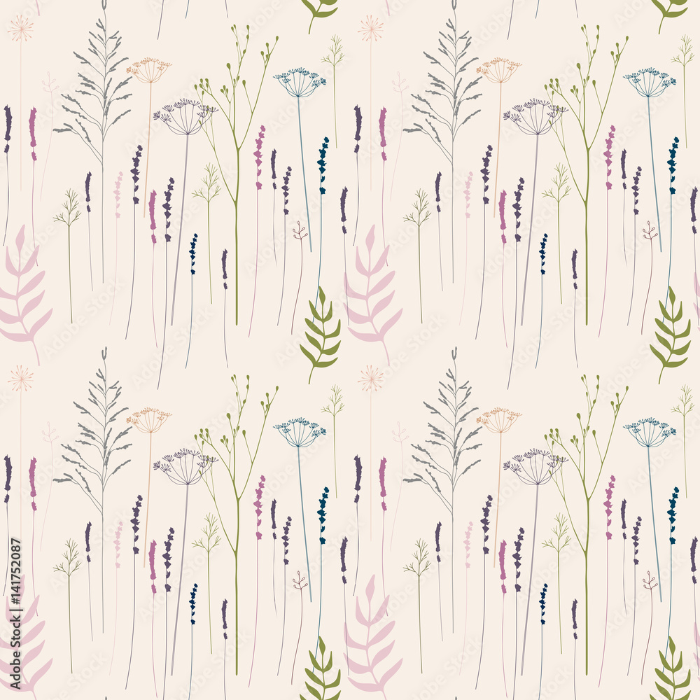 Floral vector seamless pattern with hand drawn wild flowers, herbs and ...