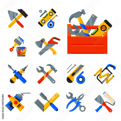 Home repair tools icons working construction equipment set and service worker macter box flat style isolated on white background vector illustration.