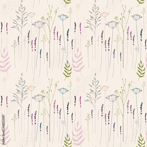 Floral vector seamless pattern with hand drawn  wild flowers, herbs and grass...