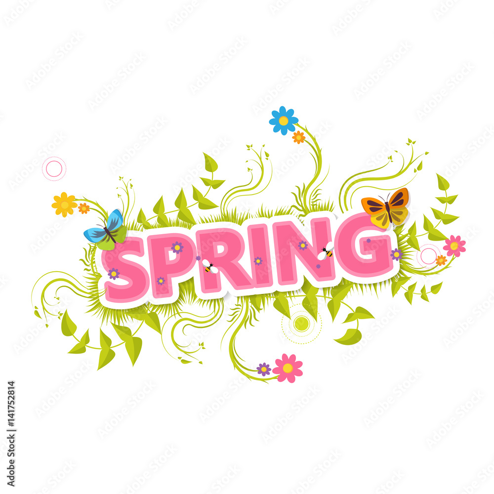 Spring Vector Design. Spring Lettering with flowers and green bush. Spring Vector Design. Spring Lettering with flowers and green bush.