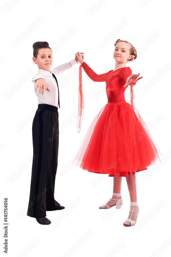 Lovely little boy and girl dancing. Isolated on white background Stock ...