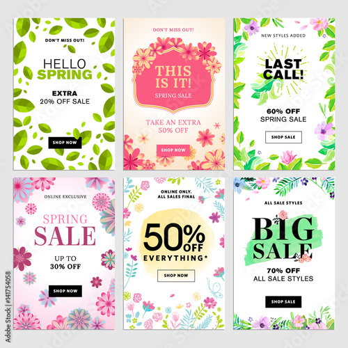 Set of mobile spring sale banners. Vector illustrations of online shopping website and mobile website banners, posters, newsletter designs, ads, coupons, social media banners.
