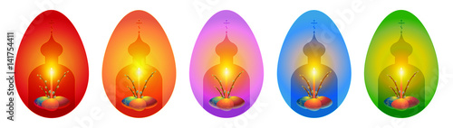 Russian orthodox easter greeting card in shape of an egg. Vector illustration with church silhouette, candle and eggs. Eggs have russian abbreviation letters for Christ is risen encrypted on them.