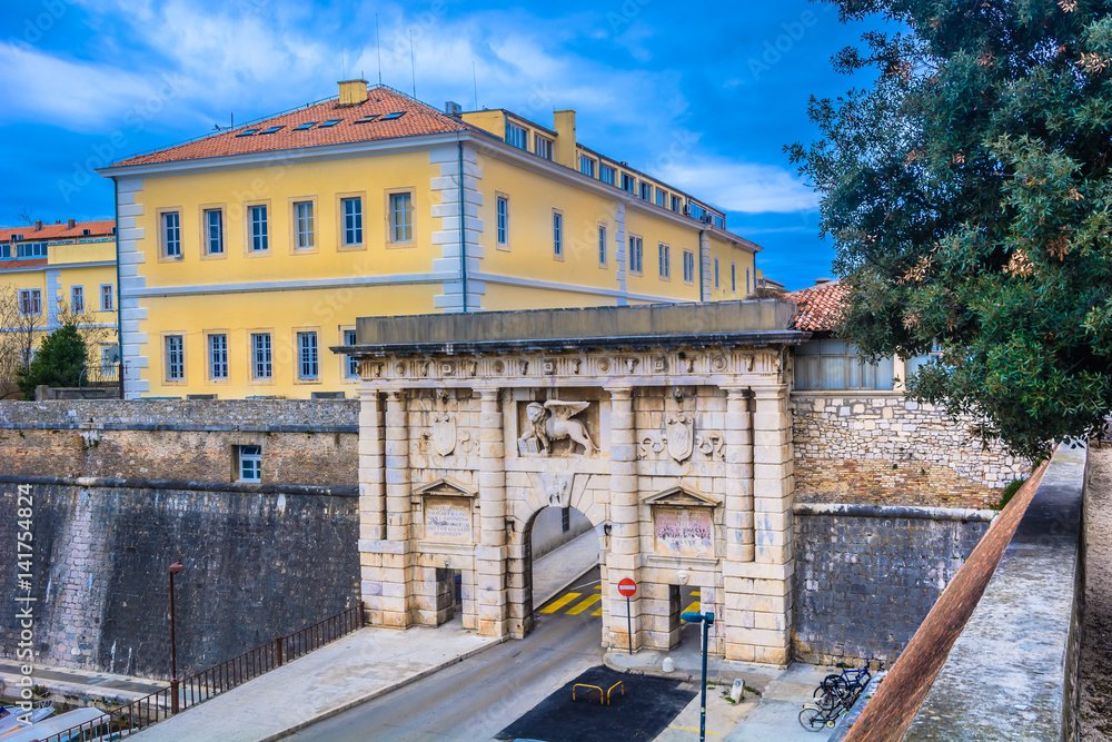 Fototapeta premium City Gate town Zadar. / Scenic view at outdoors public entrance in old city center, Land Gate in town Zadar, Croatia.