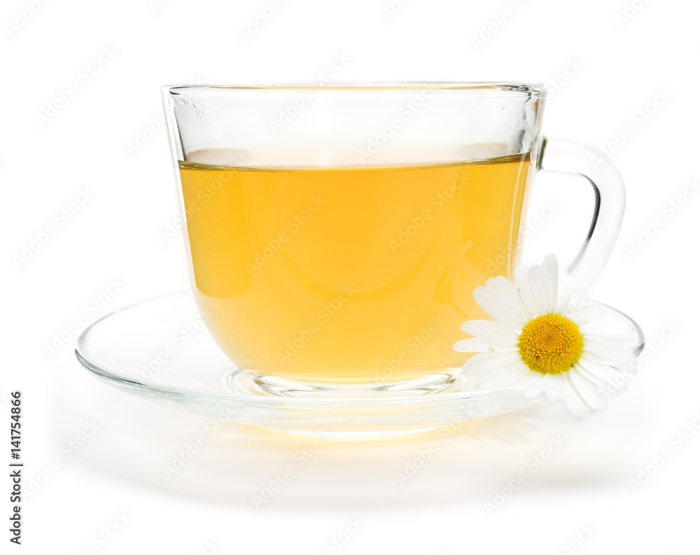 Camomile tea with chamomile flower isolated on white Camomile tea with chamomile flower isolated on white