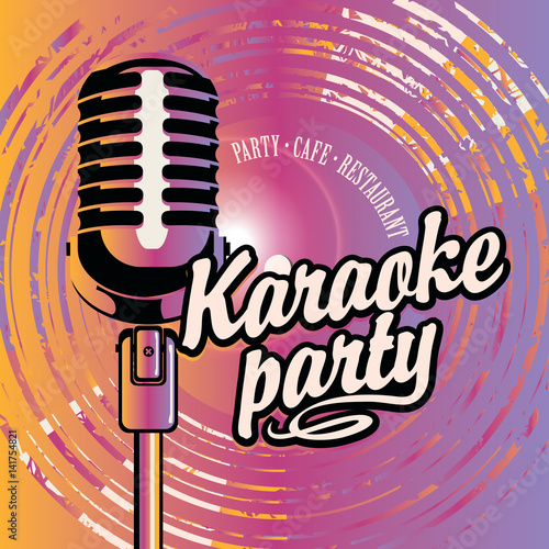 Vector banner with microphone, vinyl record and inscription karaoke party