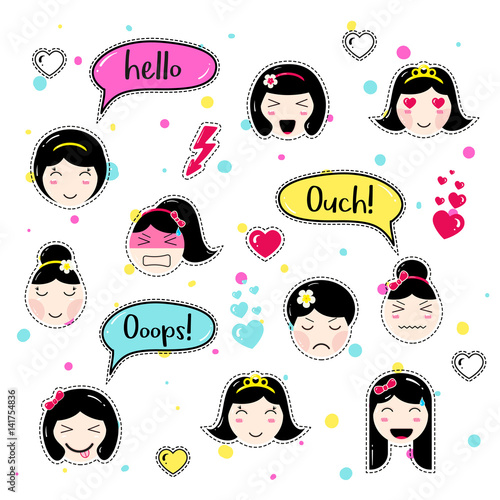 Set of cute patch badges. Girl emoji with different emotions and hairstyles. Kawaii emoticons, speech bubbles hello, ouch, ooops. Set of stickers, pins in anime style. Isolated vector illustration.