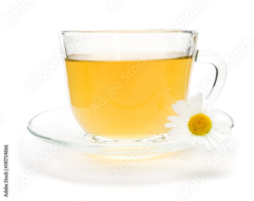 Camomile tea with chamomile flower isolated on white