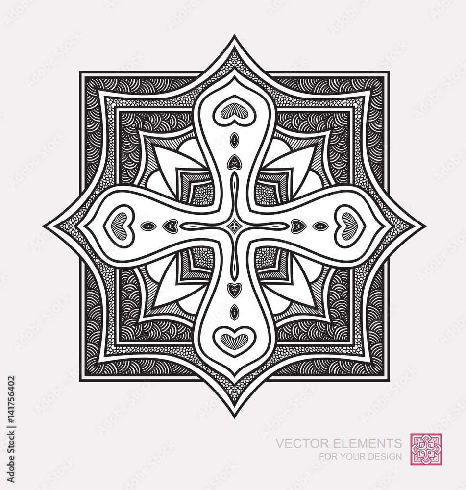 Floral abstract ornament of round shape. Christian cross, graphic elements are drawn by hand. Modernist Minimalist Art
