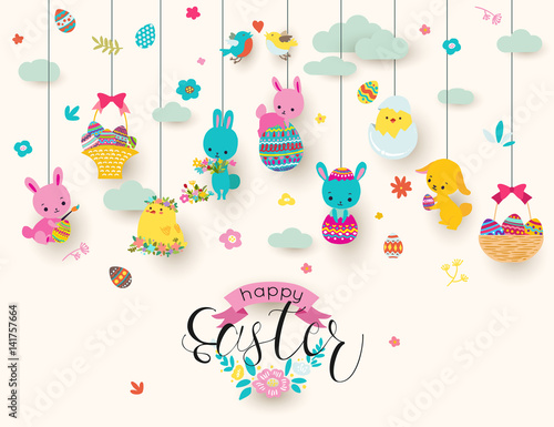 Easter holiday background with hanging bunny, egg, basket, clouds, vector illustration