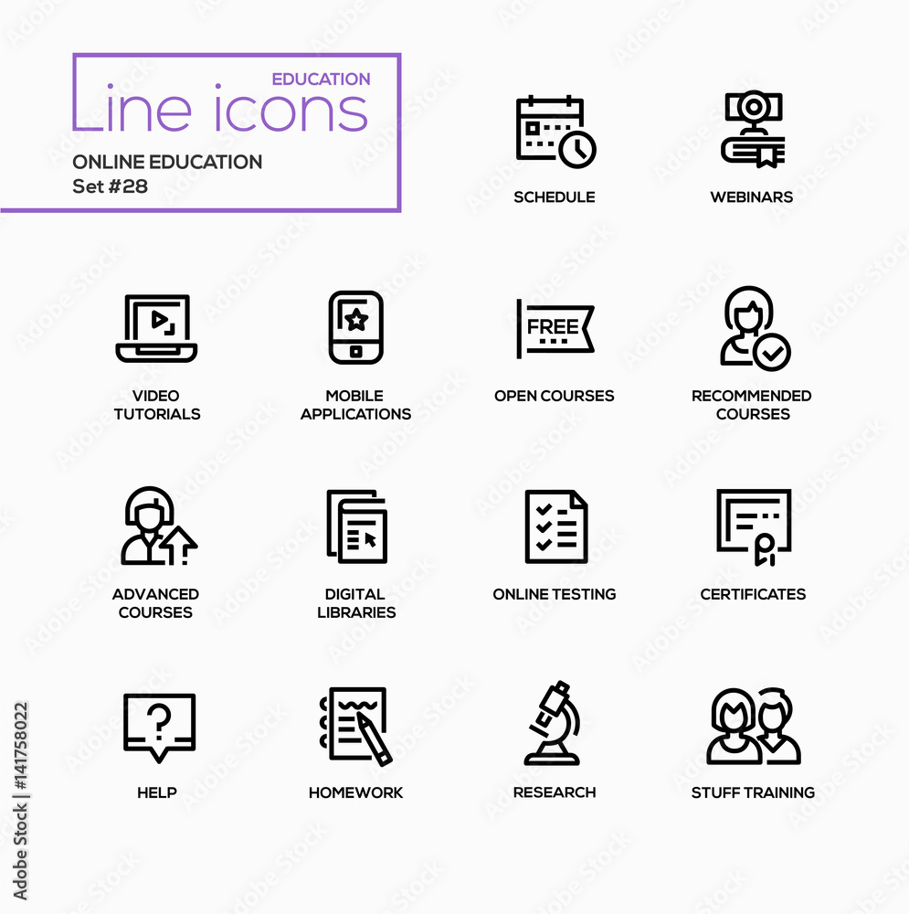 Online education - modern vector single line icons set