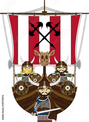 Cute Cartoon Vikings on Warship