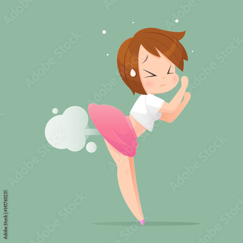 Woman farting with blank balloon out from his bottom vector, Concept with Healthcare And Medicine.