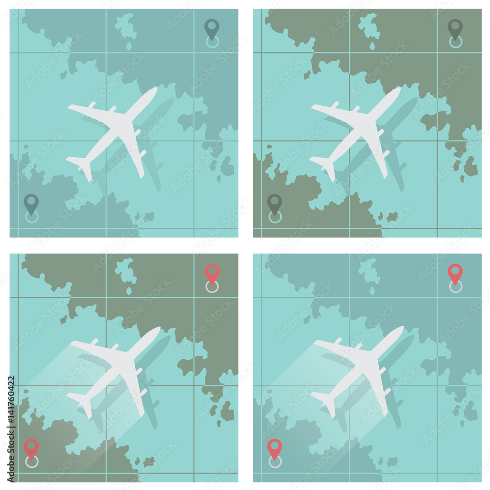 Vector illustration depicting four images consisting of an airplane and a map Vector illustration depicting four images consisting of an airplane and a map