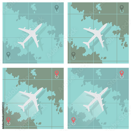 Vector illustration depicting four images consisting of an airplane and a map
