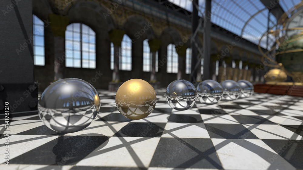 Surreal oprganic spheres in steampunk victorian interior. 3D rendering