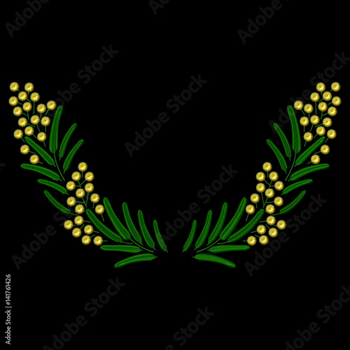 Embroidery spring blossoming Mimosa branch. Vector illustrations